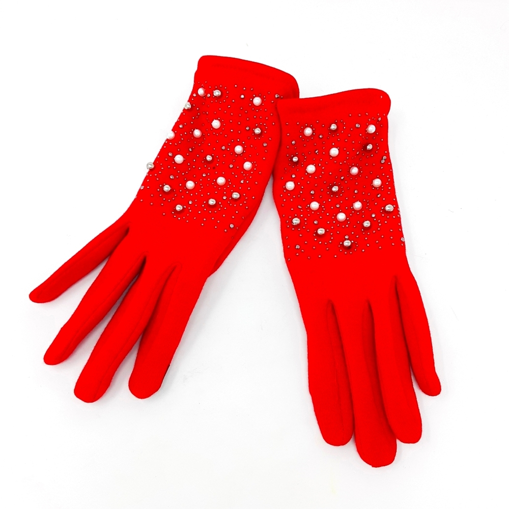 Red Pearl & Rhinestones Gloves